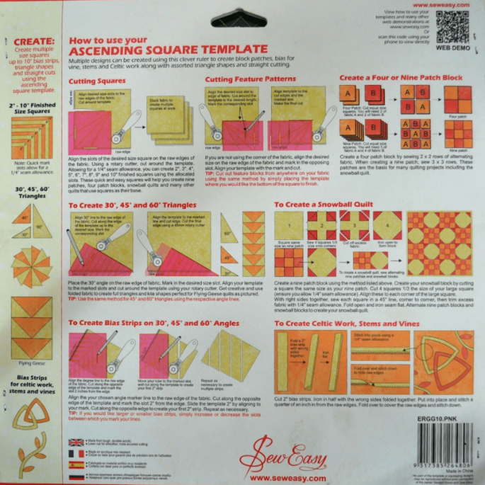 Square Quilt Template - Sew Easy Ascending Square 10x10 inch"